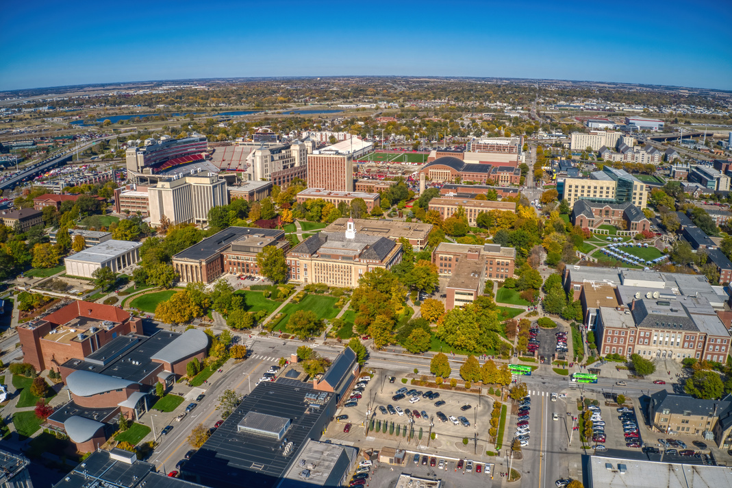 Aerial shot of a large Public University in Lincoln in Nebraska